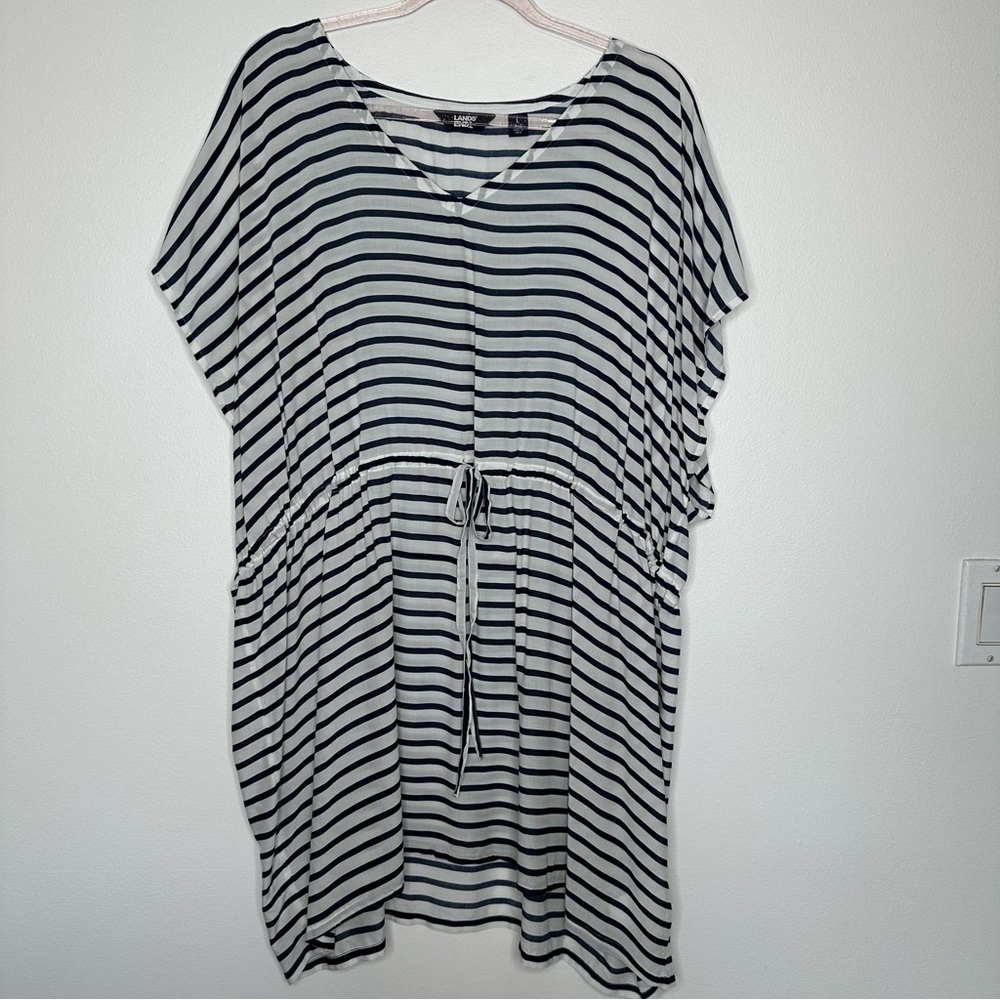 Lands End Swim Coverup Striped White Blue Size L Modal Nautical Beach Tie Waist